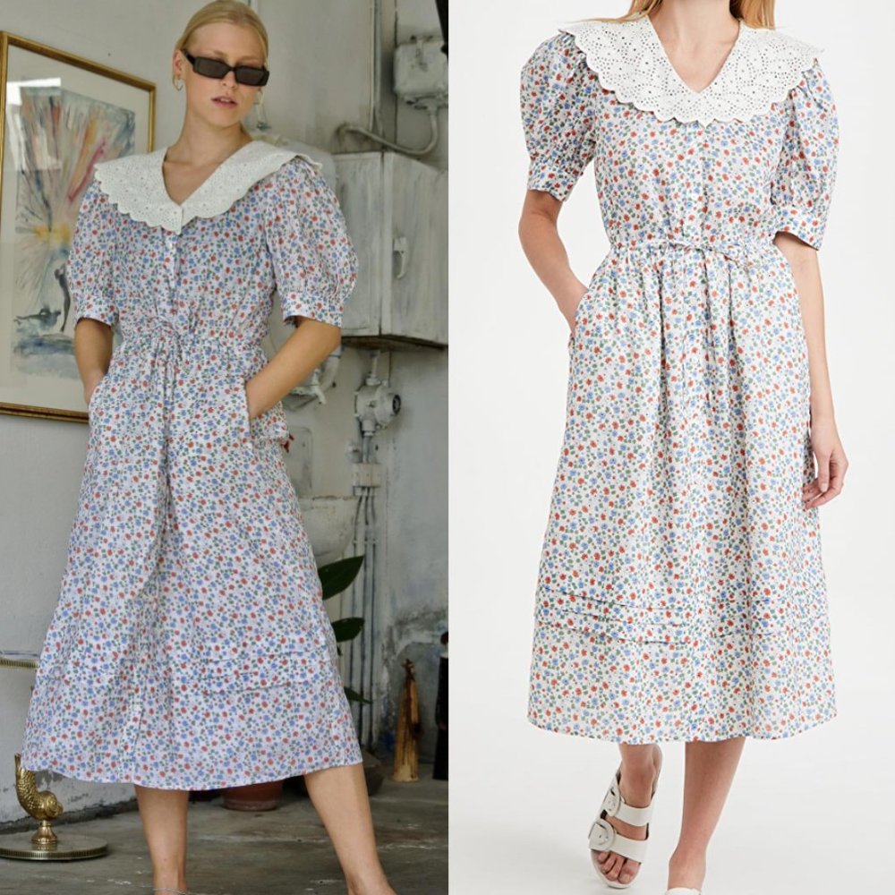 Sea New York Bubbie Puff Sleeve Ditsy Floral Ruffle Midi Dress Size 4
